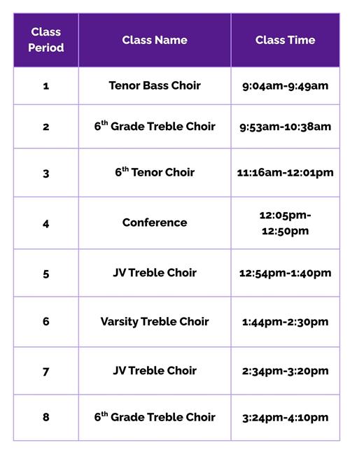 The Goodnight MS Choir Class Schedule is displayed above with specific meeting times. 